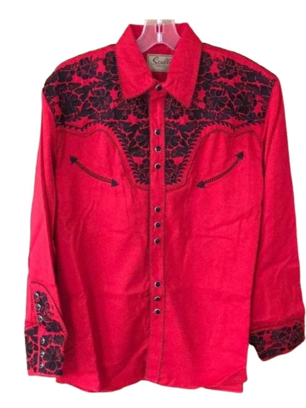 Scully red tooled embroidery long sleeve pearl snap western shirt small